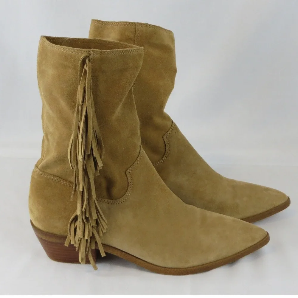 Rebecca Minkoff Tan Suede Fringe Western Boots Pointed Toe Slouchy Mid Calf 7.5 - Picture 4 of 7